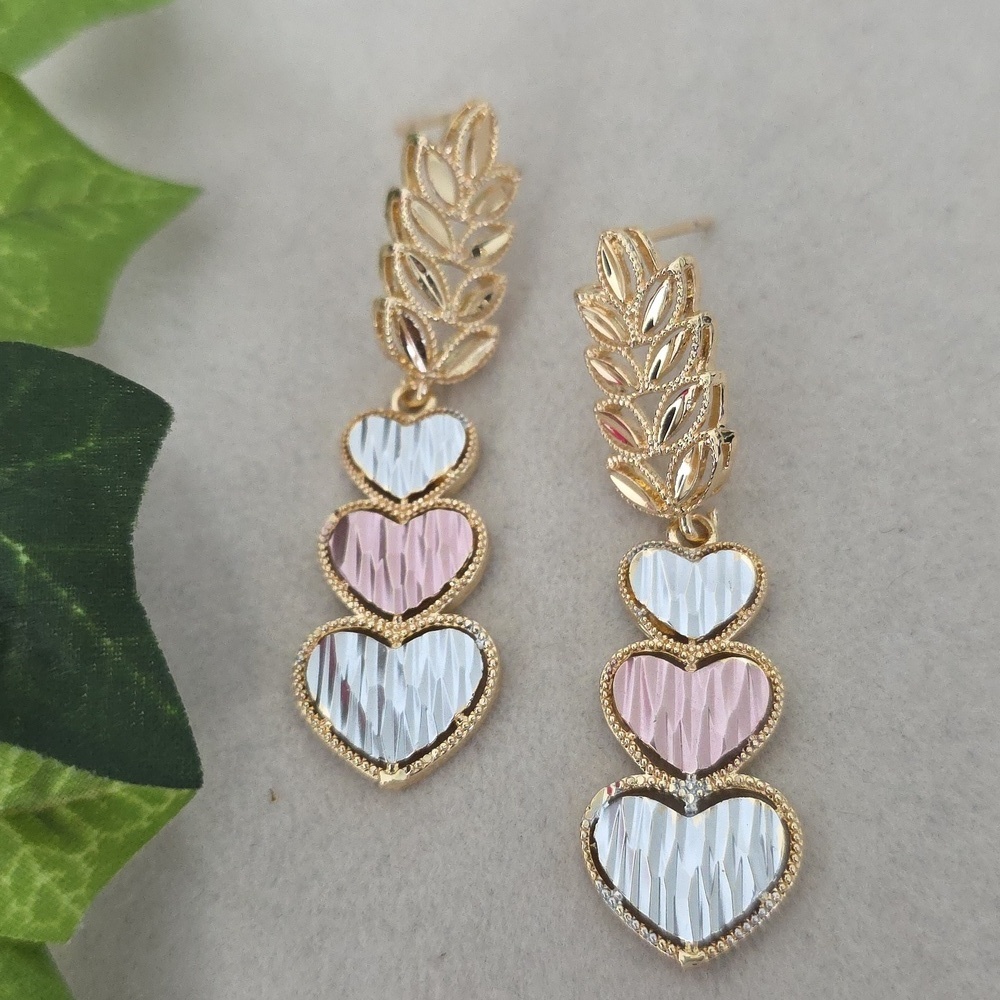 Gold Filled Tricolor Heart with Leaves Drop Earrings